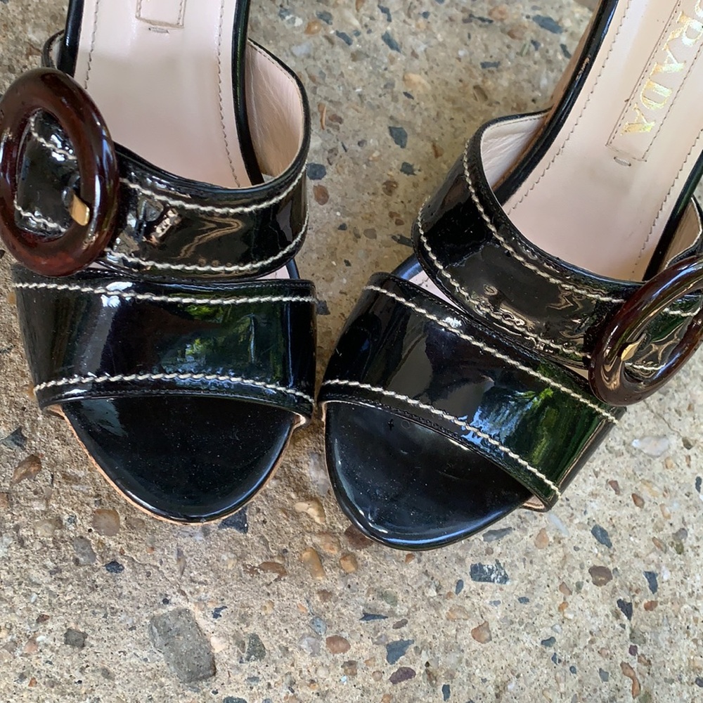 Prada Black Patent Leather Platform Sandals with Brown Buckle - Picture 3 of 6